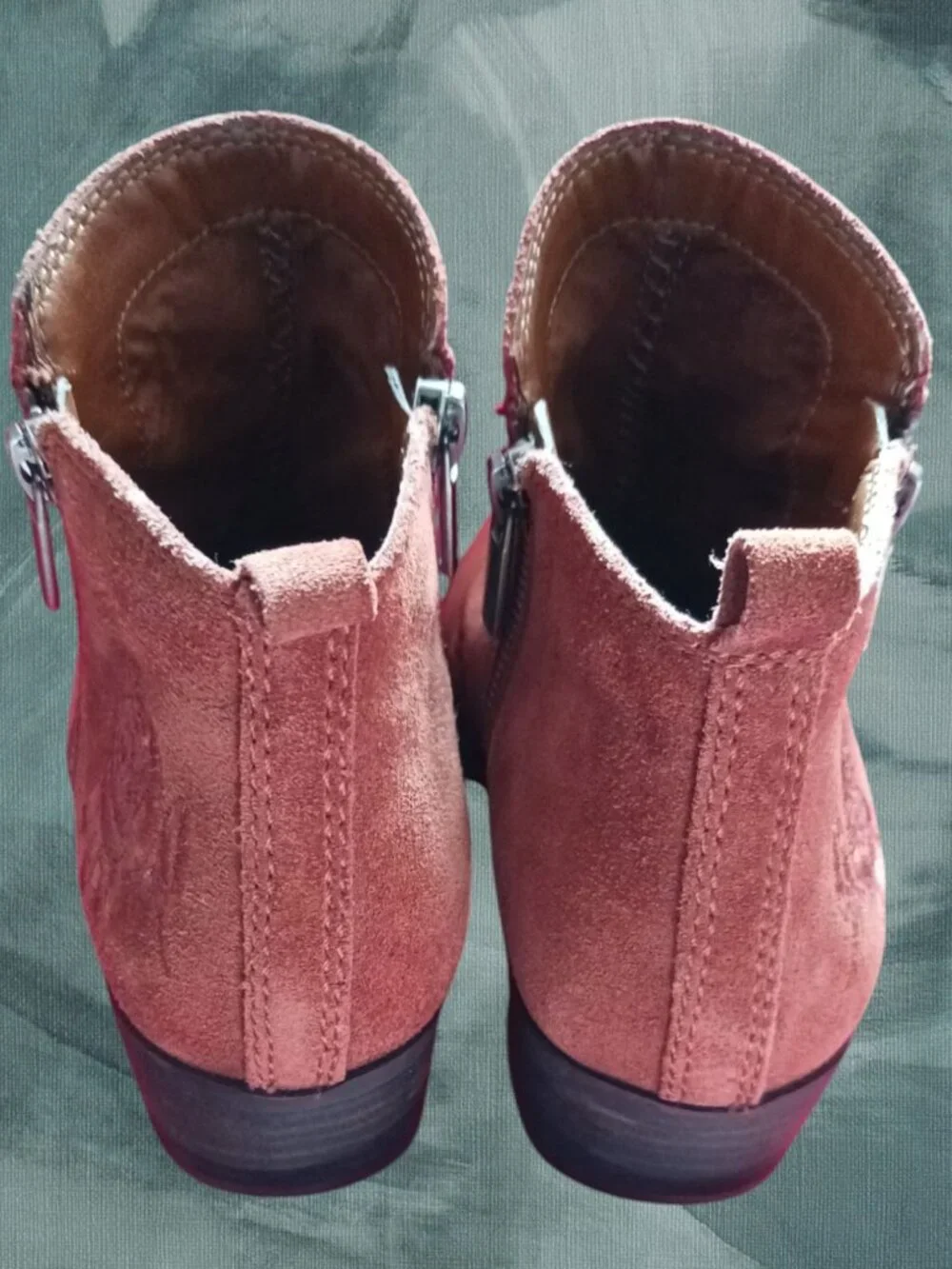 Lucky Brand Suede Ankle Boots W/ Floral Embroidery & Side Zip Terracota Size 6.5